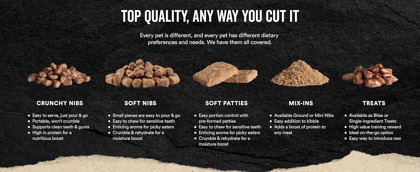 multiple types of food offered, including mix ins, crunchy nibs, treats, and soft patties