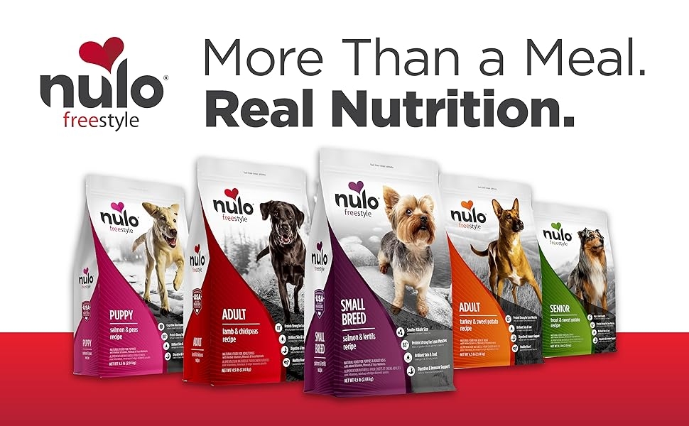 Lineup of Nulo dog kibble bags in various recipes and formulas