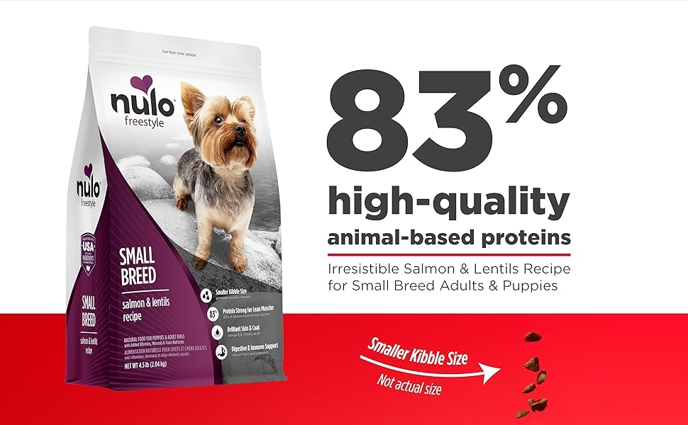 Bag of Nulo Small Breed dog kibble with high protein callout