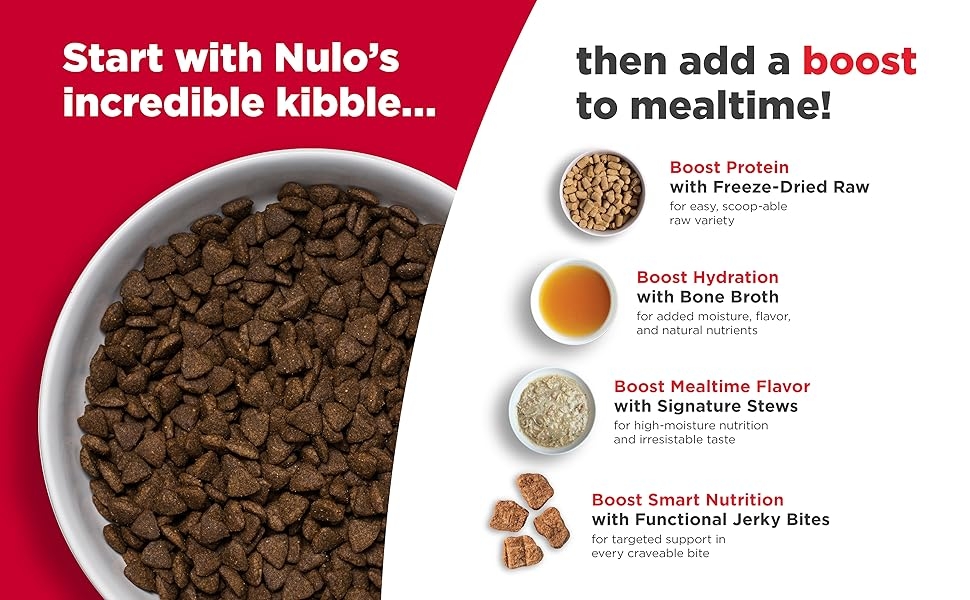 Build your bowl with Nulo Meaty Toppers, Bone Broth, and more!