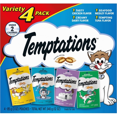 Temptations Classic Crunchy and Soft Cat Treats Feline Favorites Variety Pack, 3 oz. Pouches (Pack of 4)