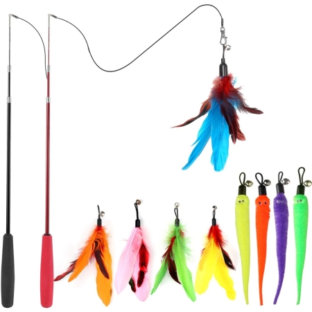 Interactive Cat Toys - Retractable Wand Toy and Feather Toys Refills for Indoor Cats to Chase and Exercise