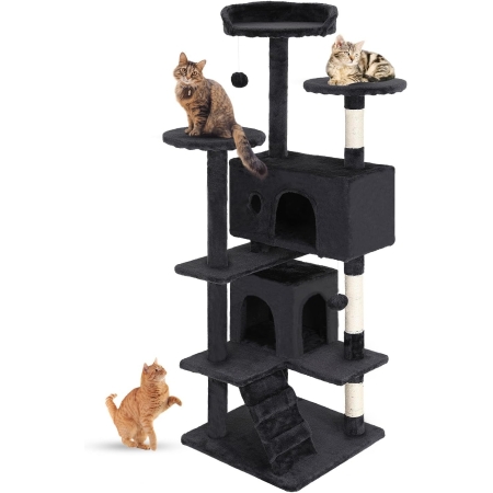 FDW Cat Tree 54in Cat Tower Multi-Level Durable Cat Scratching Post & Cozy Fun Cat Jumping Platform Space Saving Cat Condo Pet Play House for Indoor Cats,Dark Gray